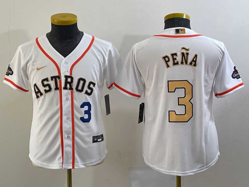 Youth Houston Astros #3 Jeremy Pena Number 2023 White Gold World Serise Champions Patch Cool Base Jersey->mlb youth jerseys->MLB Jersey